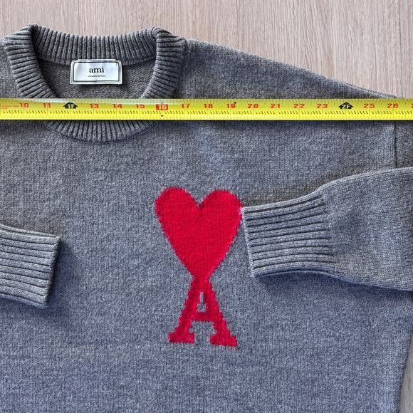 AMI Paris De Coeur Red Heart Intarsia Wool Sweater Grey Oversized Medium Unisex - Picture 14 of 15